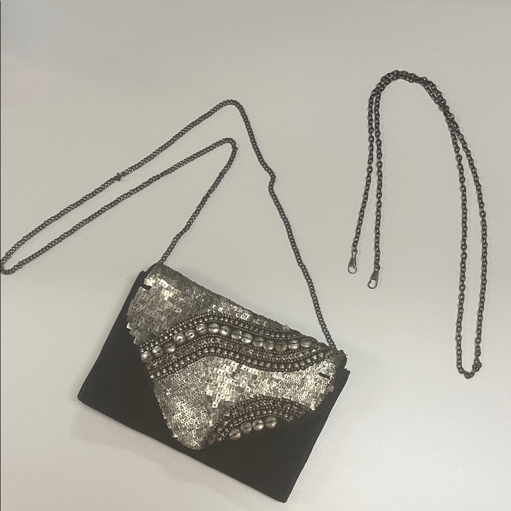Ecote Black and Silver Sequin Clutch Crossbody Evening Bag